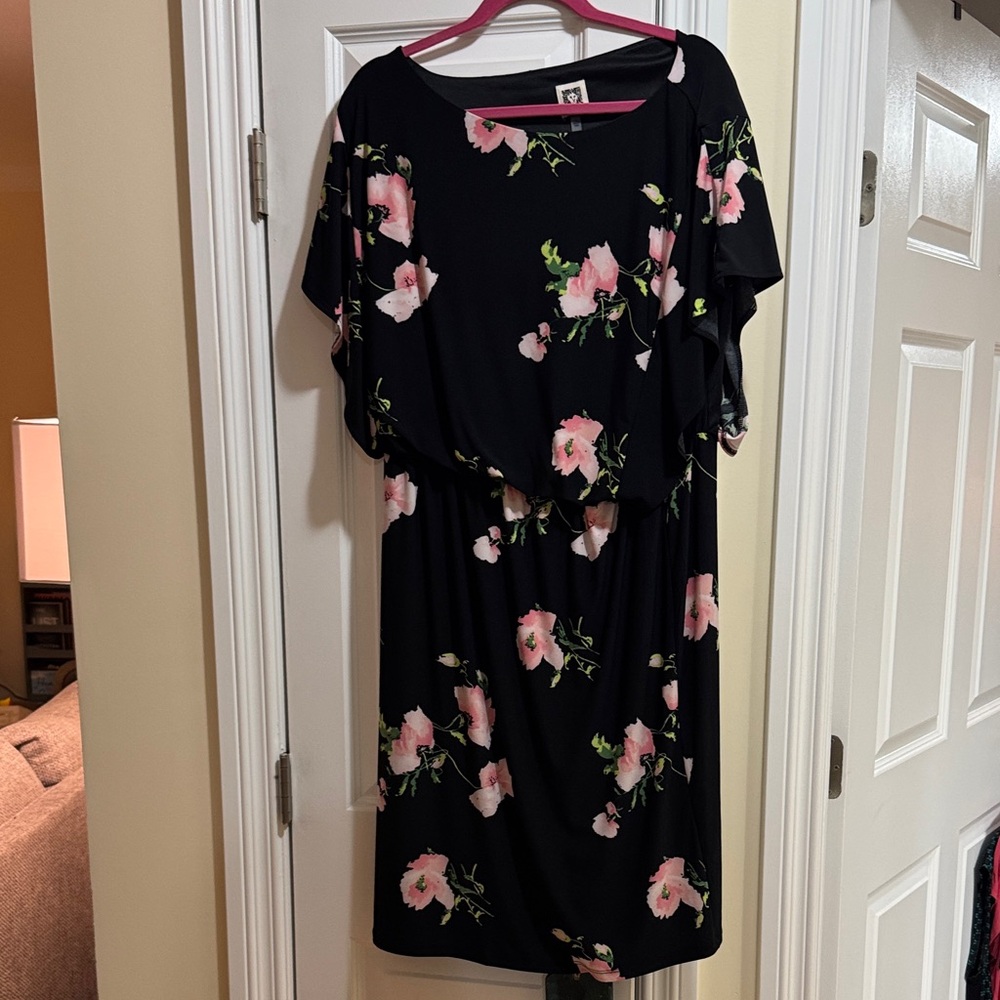Anne Klein Black Dress with Pink Floral Design